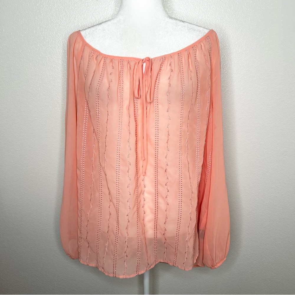 AB Studio Womens Peach Sheer Embroidered Long Sleeve Cold Shoulder Top 1X EUC